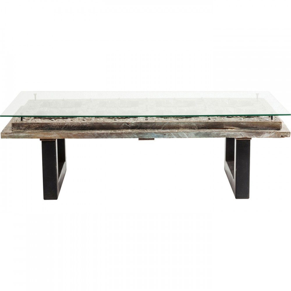 TABLE BASSE MODERNE BOIS SCULPTE ET VERRE KHALIF KARE DESIGN