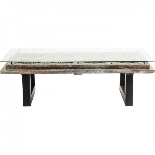 TABLE BASSE MODERNE BOIS SCULPTE ET VERRE KHALIF KARE DESIGN