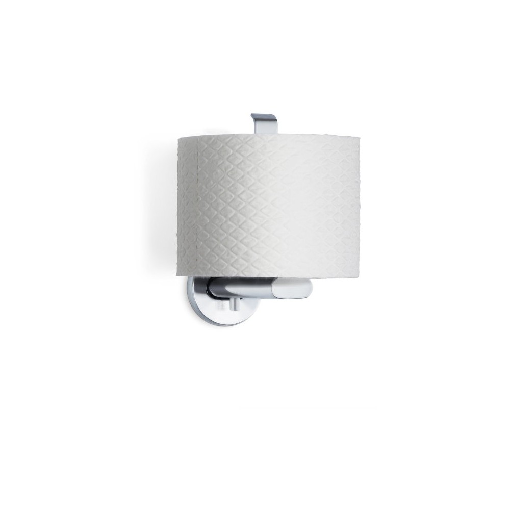 Porta-rolos Areo vertical aço escovado Blomus — suporte com rolo ilustrativo não incluído
