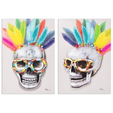 Conjunto de 2 pinturas de pintura crânios penas de coro 100 x 70 cm