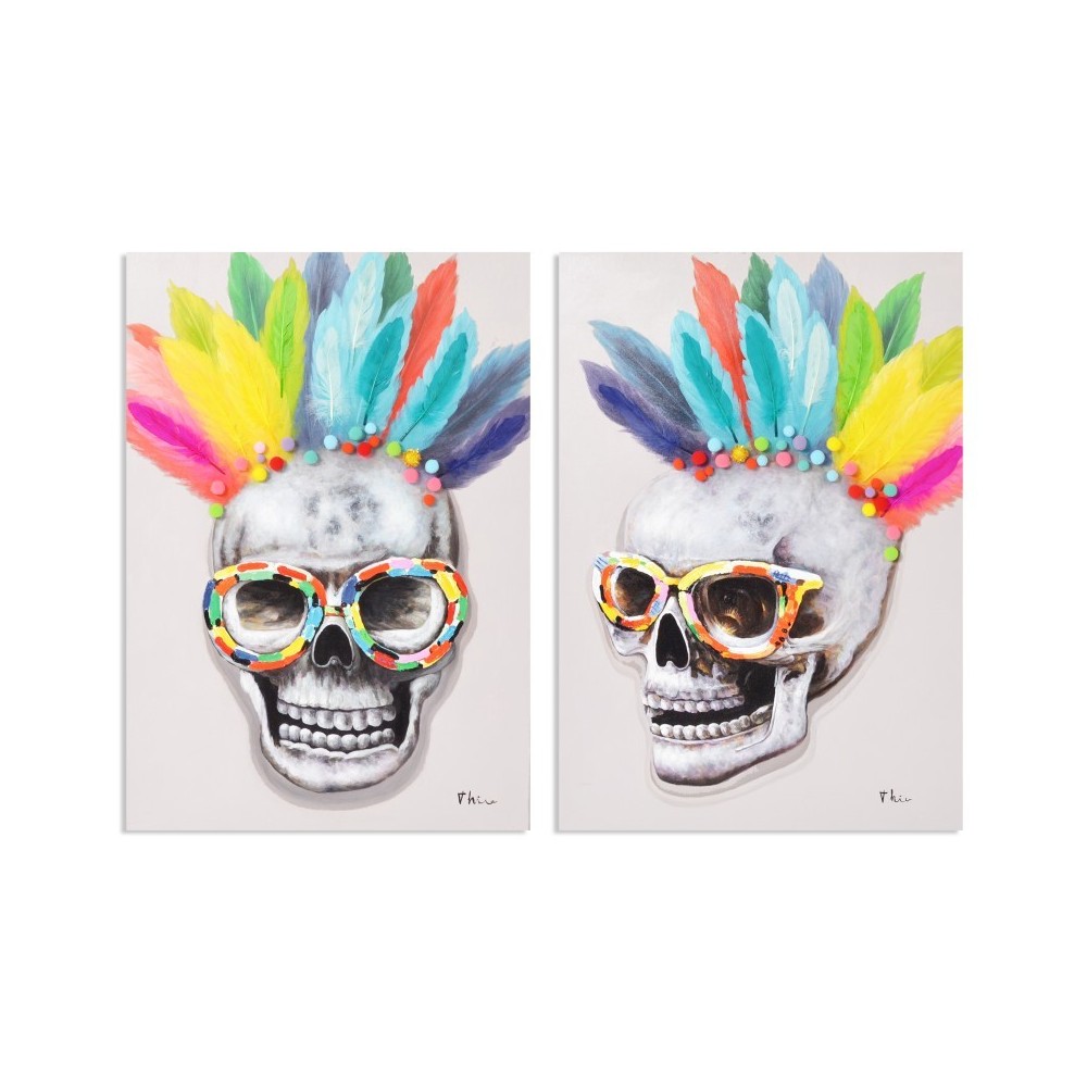Conjunto de 2 pinturas de pintura crânios penas de coro 100 x 70 cm