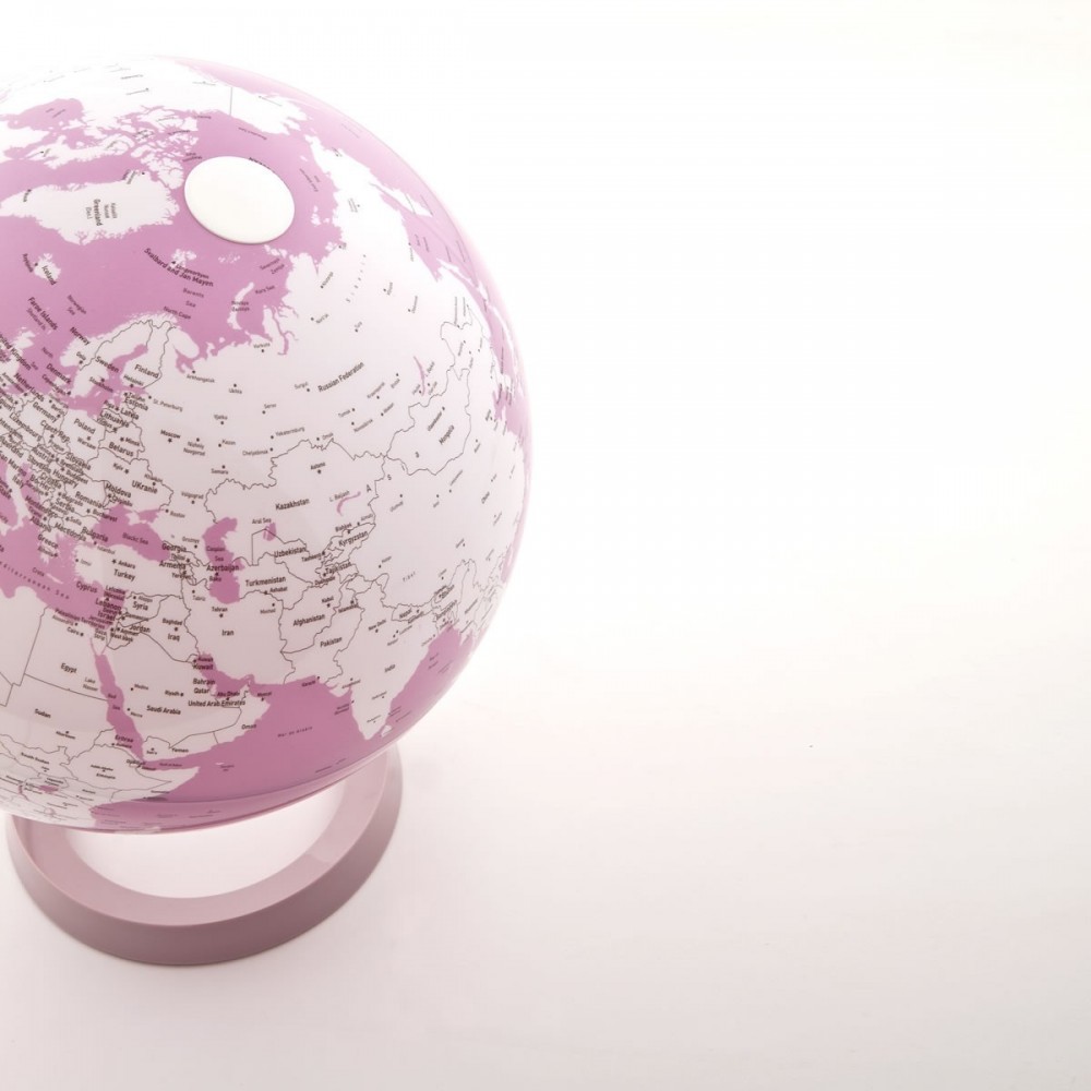 Globo terrestre illuminato con disegno bianco e corallo su base color corallo