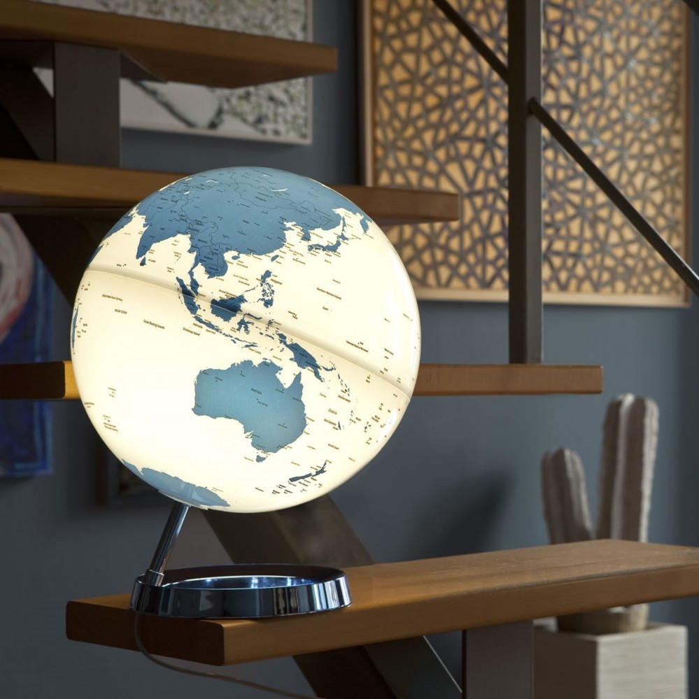 Illuminated earth globe design white electric blue on blue base