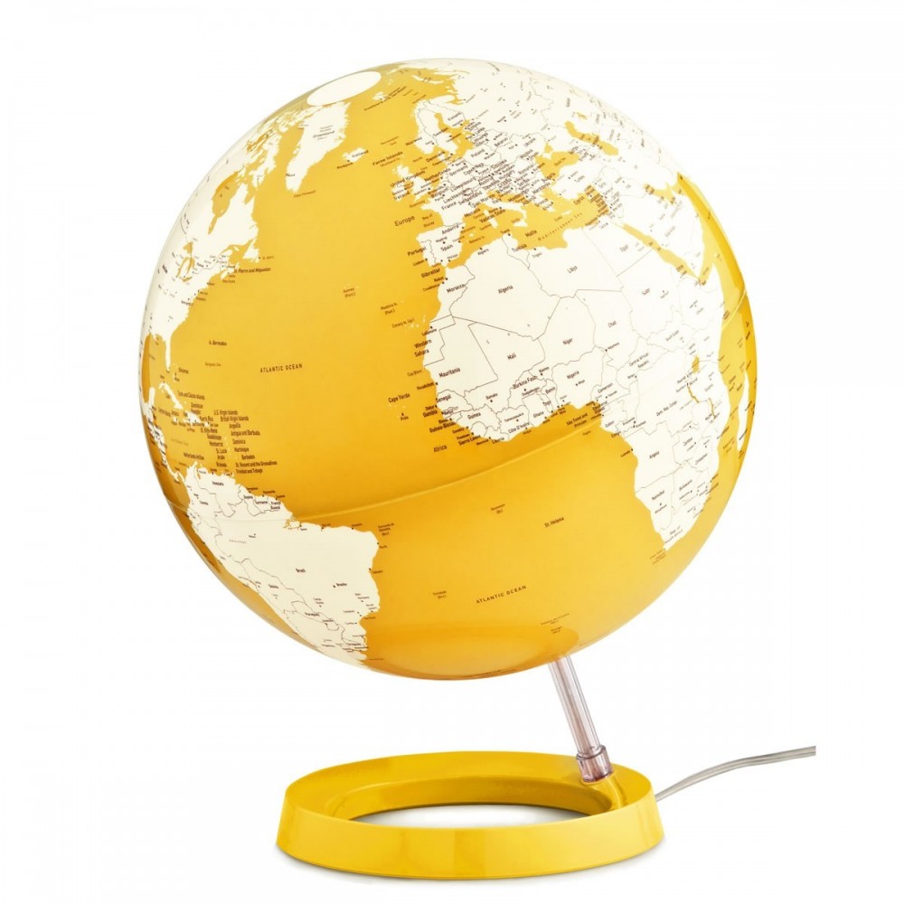 Projeto branco e amarelo do globo da terra brilhante na base de cor amarela
