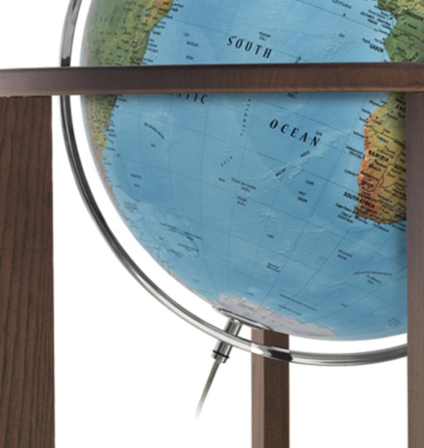 Globe terrestre lumineux sur pied CROSS BLUE carte bleue NOVA RICO — détail de l’axe de rotation