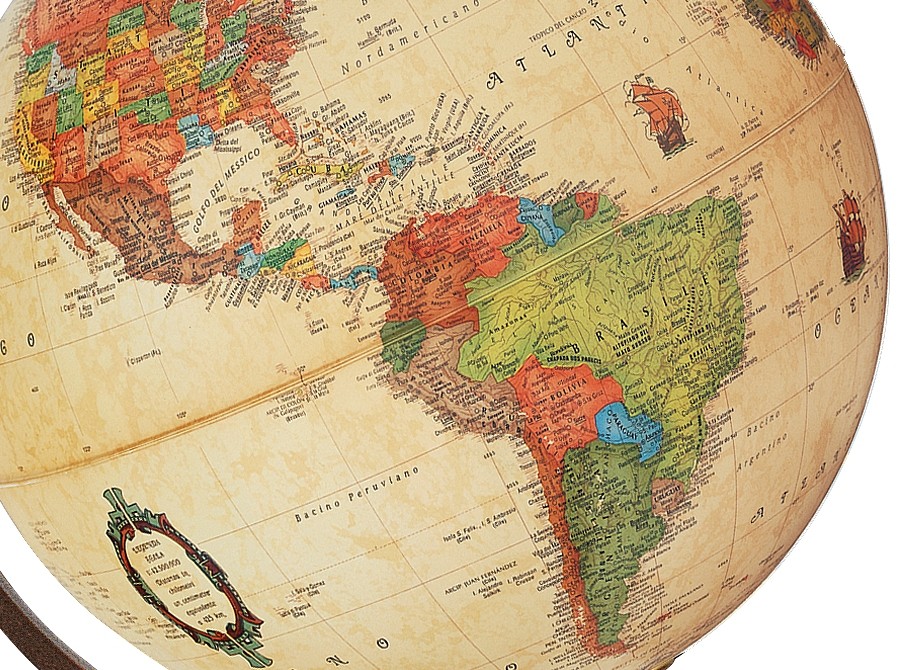 Globo terráqueo luminoso de pie EMILY ANTIQUE mapa antiguo NOVA RICO — detalle del acabado