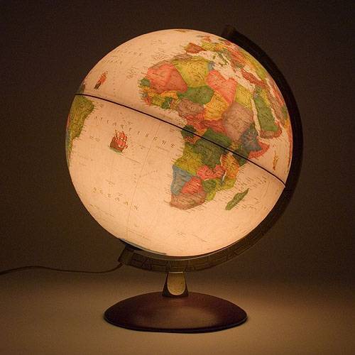 Illuminated world globe ANTIQUUS antique-style map NOVA RICO — lamp shown illuminated