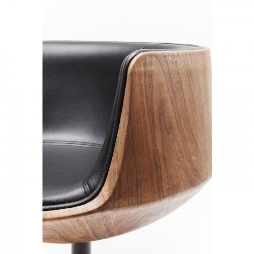 Drehsessel Design aus schwarzem Leder und Walnuss-Clubholz