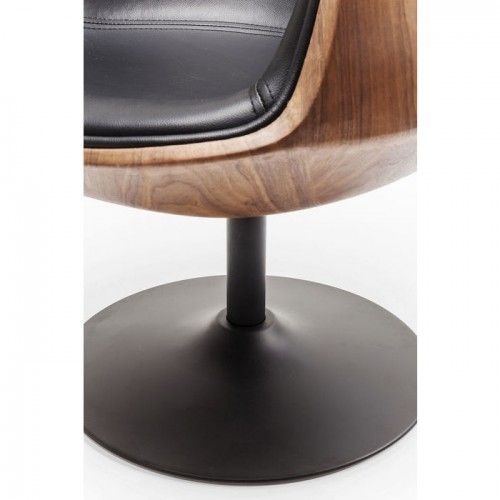 Drehsessel Design aus schwarzem Leder und Walnuss-Clubholz