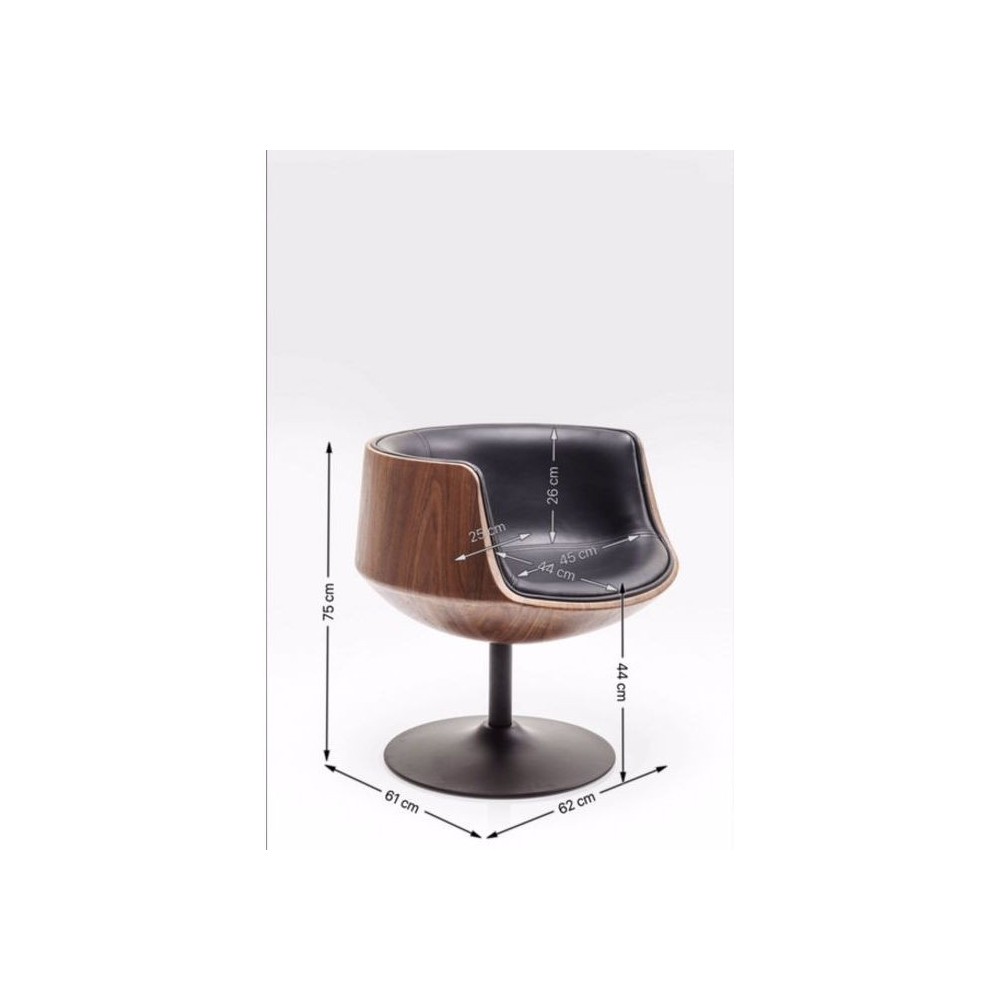 Drehsessel Design aus schwarzem Leder und Walnuss-Clubholz