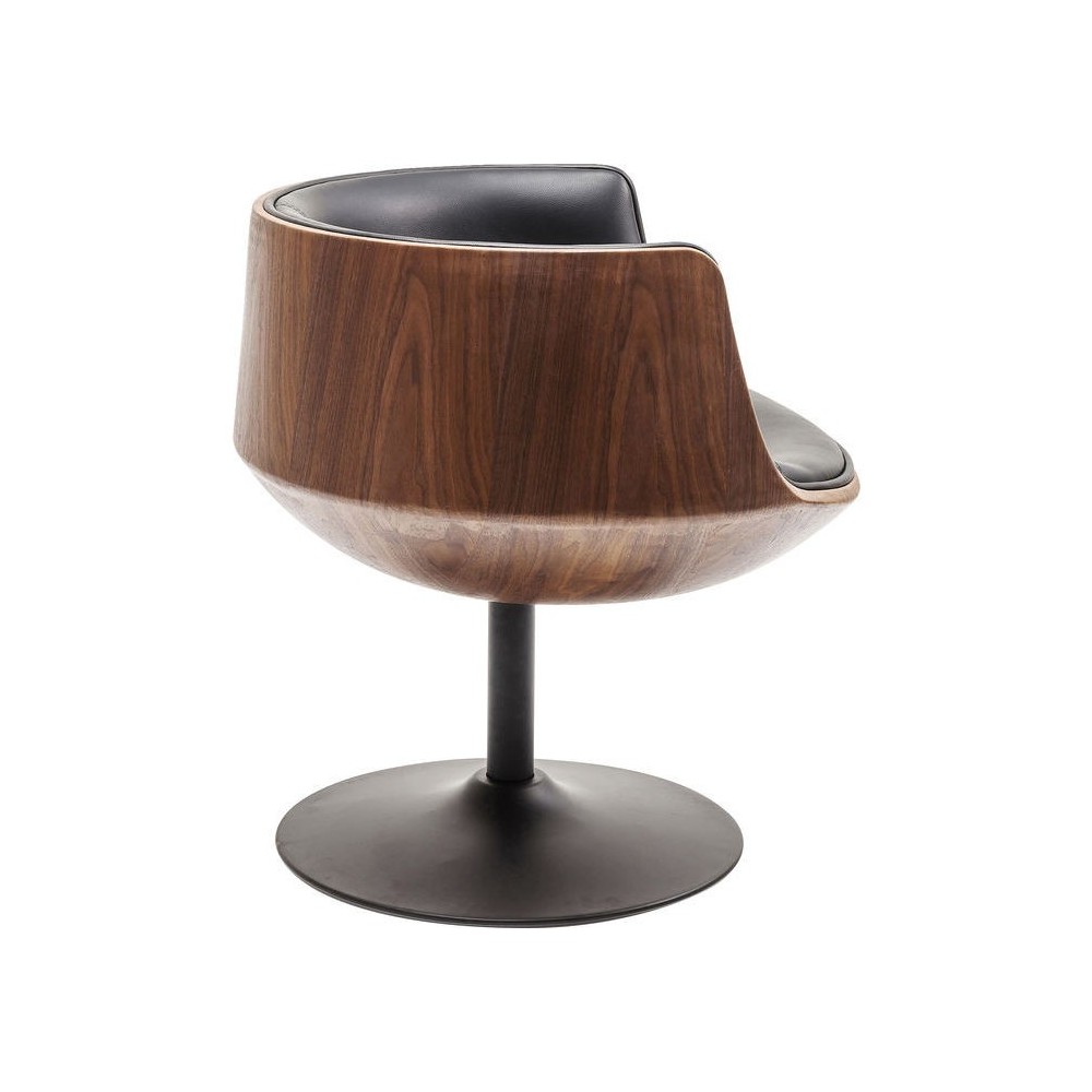 Drehsessel Design aus schwarzem Leder und Walnuss-Clubholz