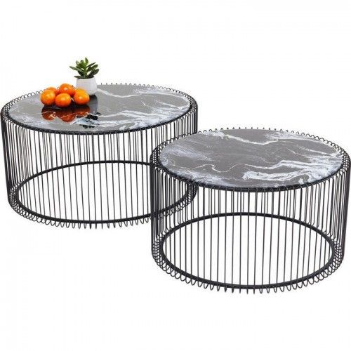 Set aus 2 schwarzen Couchtischen in Marmoroptik Wire