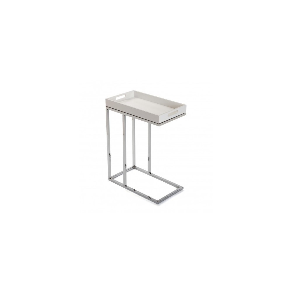 Mesa de metal de prata e bandeja de madeira branca