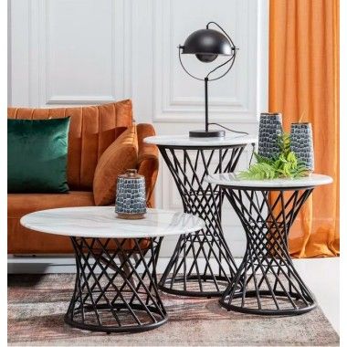 Round designer coffee table in marble/black metal look 80cm CRYSTAL