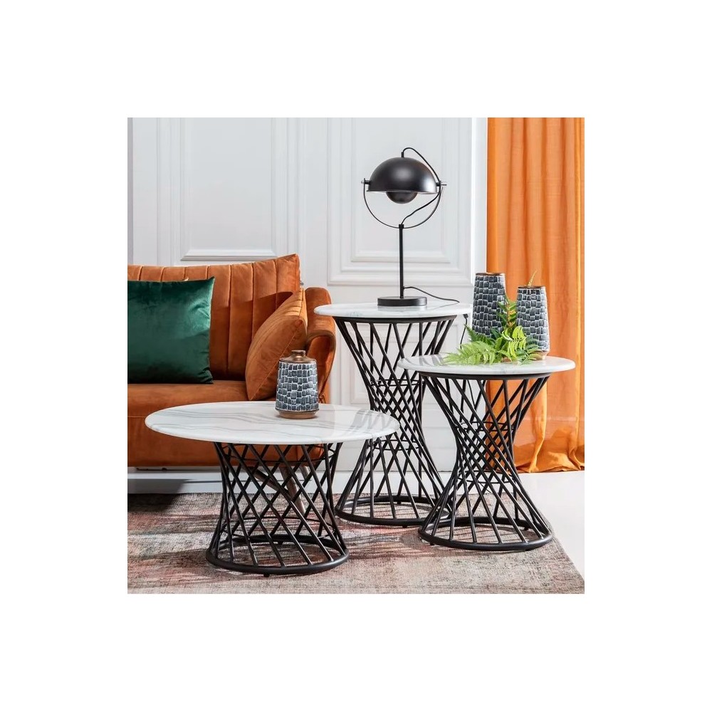 Mesa de centro redonda Design de mármore de projeto / preto metal 80cm cristal