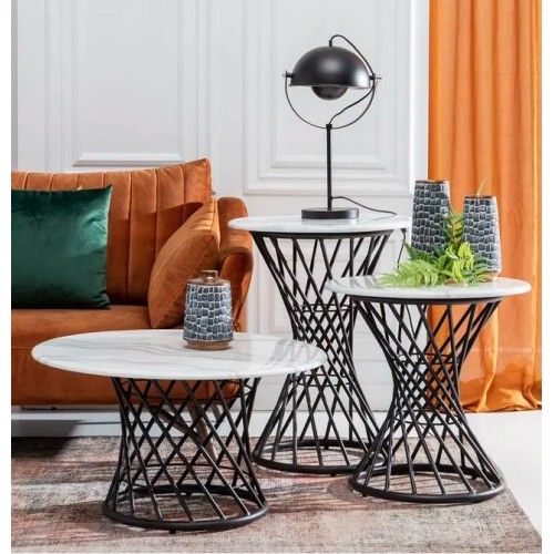 Table basse design ronde aspect marbre/métal noir 80cm CRYSTAL