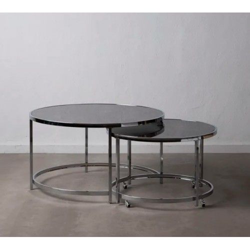 Set of 2 round coffee tables tempered glass and steel NORA