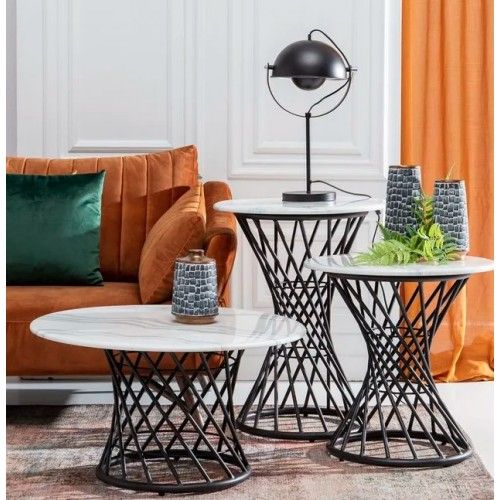 Designer side table marble look/black metal 60 cm CRYSTAL