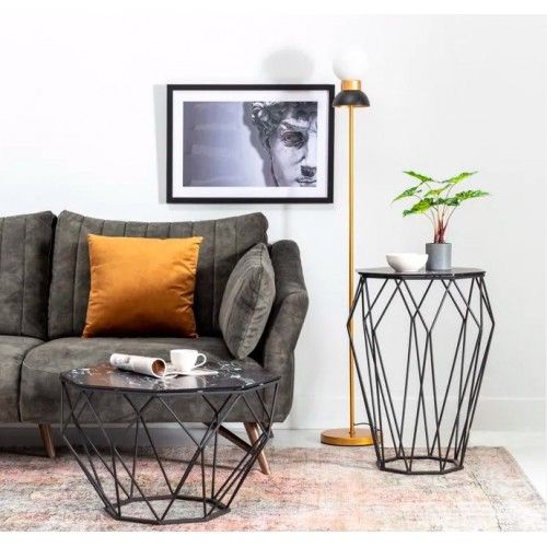 Table d'appoint verre aspect marbre noir/ métal LOSANGE