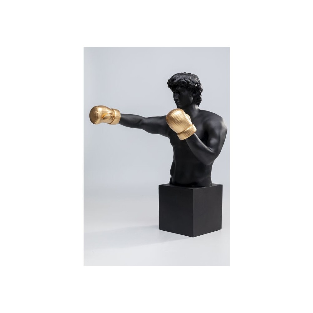 Decoratief beeld BALBOA zwarte bokser met gouden handschoenen KARE Design — driekwartaanzicht