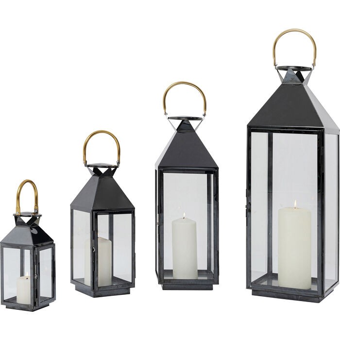 Juego de cuatro faroles GIARDINO cuatro faroles negros con cristal claro KARE Design — cuatro faroles juntos