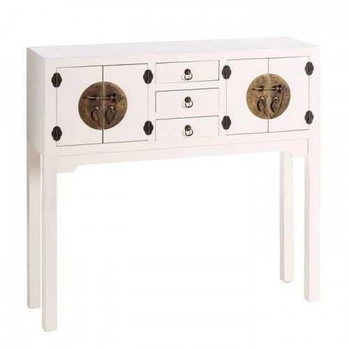 Console de madeira branca com 3 gavetas 4 portas orientam metal