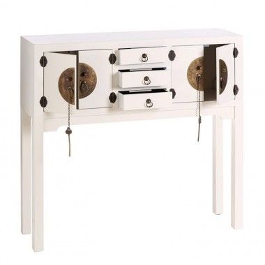 Console de madeira branca com 3 gavetas 4 portas orientam metal 2