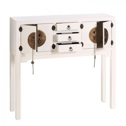 Console en bois blanc à motifs 3 tiroirs 4 portes métal ORIENTE