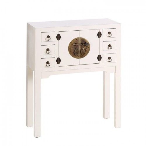 Console en bois blanc à motifs 6 tiroirs 2 portes métal ORIENTE