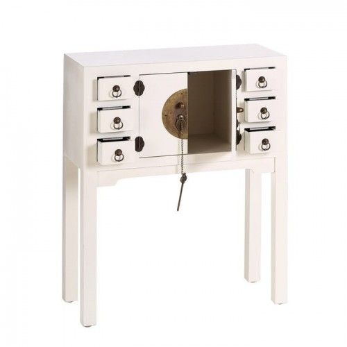 Console en bois blanc à motifs 6 tiroirs 2 portes métal ORIENTE