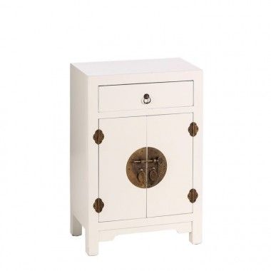 Small white wood table with patterns 1 drawer 2 doors metal ORIENTE