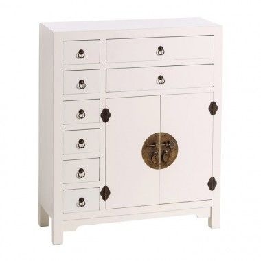 White wood sideboard with motifs 8 drawers 2 doors metal ORIGINAL