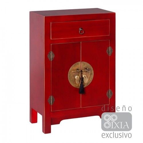 Small red wooden table with patterns 1 drawer 2 doors metal ORIENTE