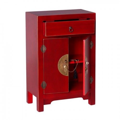 Petite table bois rouge à motifs 1 tiroir 2 portes métal ORIENTE