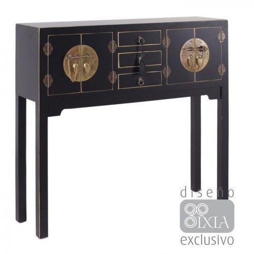 Console en bois noir à motifs 3 tiroirs 4 portes métal ORIENTE