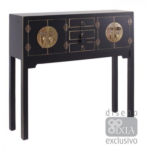 Console de madeira preta 3 gavetas 4 portas metal oriente