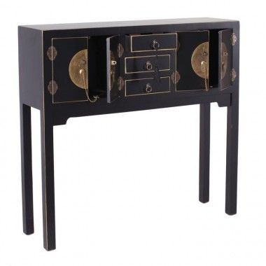 Console en bois noir à motifs 3 tiroirs 4 portes métal ORIENTE