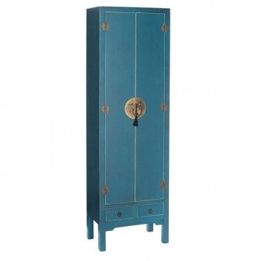 Blue wood cabinet with patterns 2 drawers 2 doors metal ORIENTE