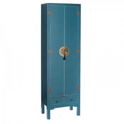 Blue wood cabinet with patterns 2 drawers 2 doors metal ORIENTE