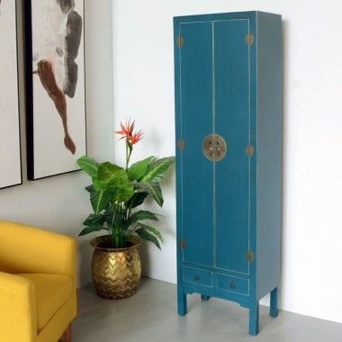 Blue wood cabinet with patterns 2 drawers 2 doors metal ORIENTE