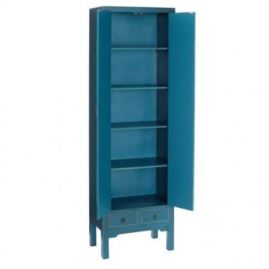 Blue wood cabinet with patterns 2 drawers 2 doors metal ORIENTE