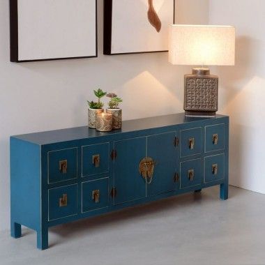 TV-meubel in blauw hout met patroon 8 laden 2 metalen deuren