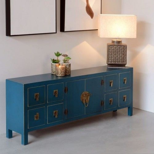 Armadio tv in legno blu con motivi 8 cassetti 2 porte in metallo ORIENTE