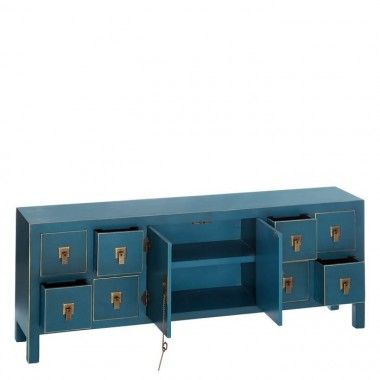 Blue wood tv cabinet with patterns 8 drawers 2 doors metal ORIENTE