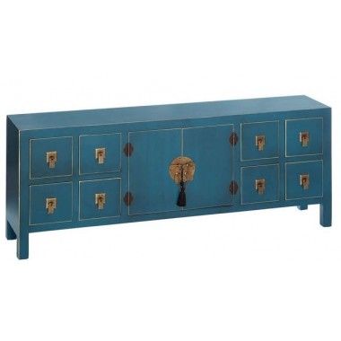 Blue wood tv cabinet with patterns 8 drawers 2 doors metal ORIENTE