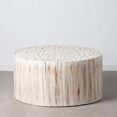 Mesa de centro redonda em madeira branca rodada 90 cm suzuko