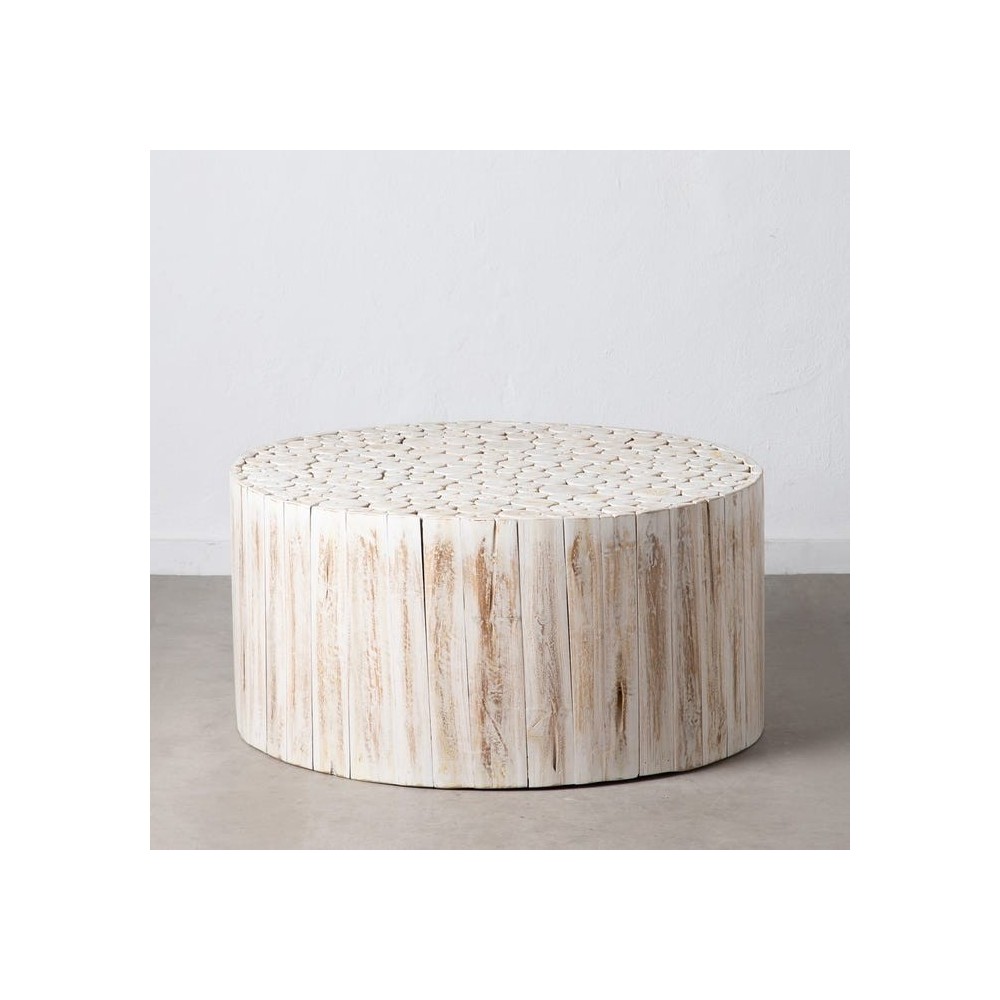 Mesa de centro redonda em madeira branca rodada 90 cm suzuko