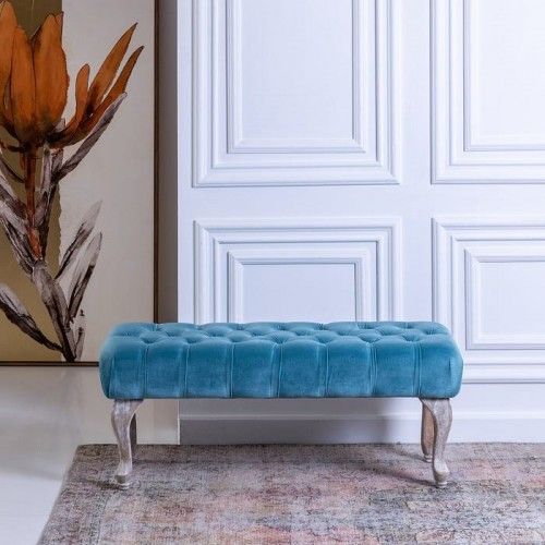XSPHERE wood blue velvet fabric padded bench