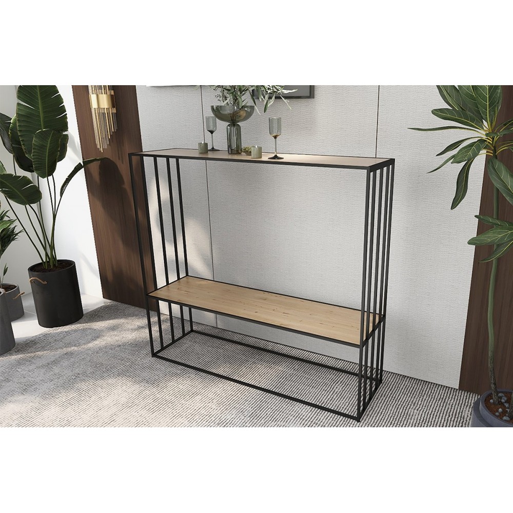 Wood/metal console with 2 shelves yoko ART DE FER