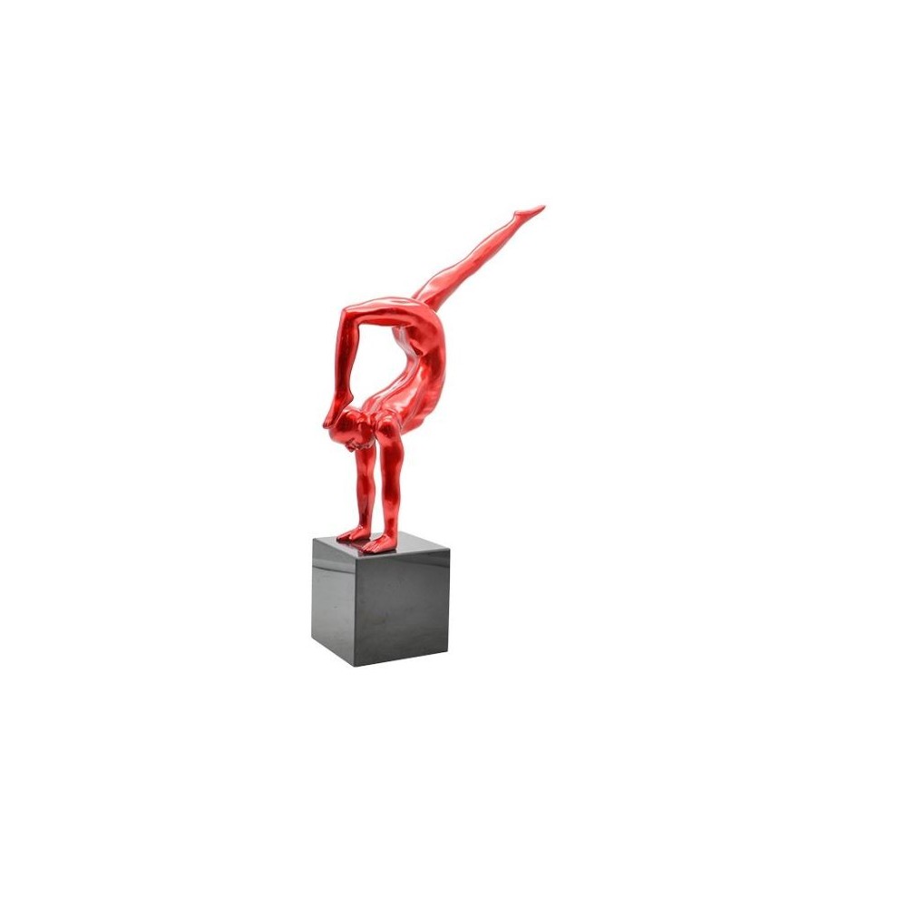 Escultura decorativa FLEXIBILITA ginasta vermelha sobre base escura SOCADIS — vista frontal